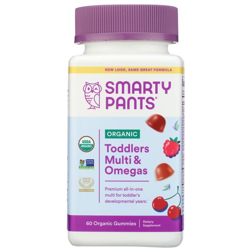 SmartyPants Organic Toddler Multivitamin Gummies: Probiotics, Omega 3 (ALA), Vitamin D3, C, Vitamin B12, B6, Vitamin A, K & Zinc, Gluten Free, Three Fruit Flavors, 60 Count (30 Day Supply)