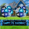 Blue Black 16th Birthday Banner Happy 16th Birthday Decorations for Boys Girls with 20 PCS Sweet 16th Birthday Balloons for 16 Years Old Anniversary Birthday Party Supplies Indoor Outdoor Decor