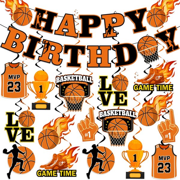 Basketball Party Decorations, Basketball Happy Birthday Banners and Basketball Hanging Swirl Decorations, Basketball Party Supplies for Boys Kids Teenagers Men