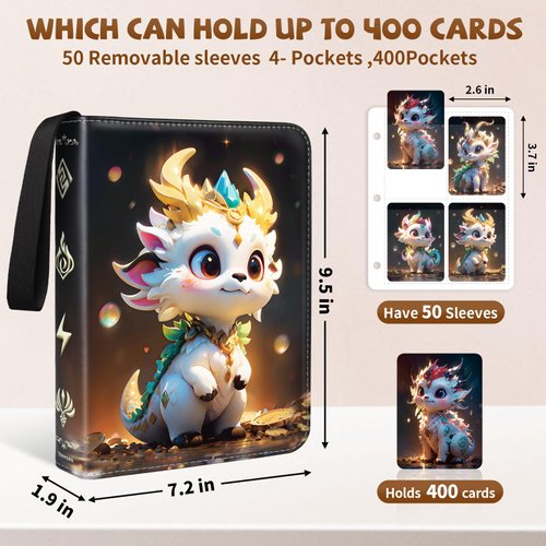 Tenmorn Card Binder For Pokemon Cards 4-pocket 400 Pockets Card Holder.With 50 Removable Sleeves.Trading Card Binder Album Book Case for TGC MTG Cards Collectors.Boys Girls Toys Gift(Black)