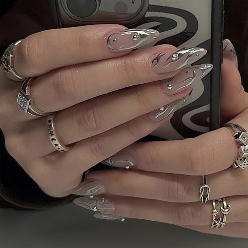 ROFIBUT Press on Nails Medium Almond Fake Nails Sliver Swirl Glue on Nails with Rhinestone Silvery Stripe Acrylic Nails Glossy Stiletto Silver Aurora Artificial Nails for Women Girls Nail Decor 24Pcs