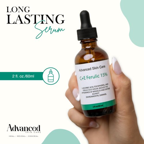 Advanced Skin Care 15% Vitamin C E Ferulic Acid Serum, 2 Oz / 60 ml - Unisex, Skin Serum, All Skin Types, UV Protection, Brightening, Rejuvenation