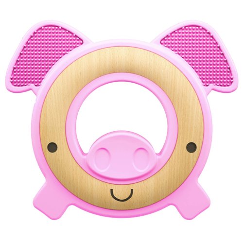 Nuby Natural Wood & Silicone Teether: Pig, 3M+, Pink
