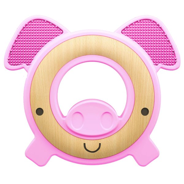 Nuby Natural Wood & Silicone Teether: Pig, 3M+, Pink