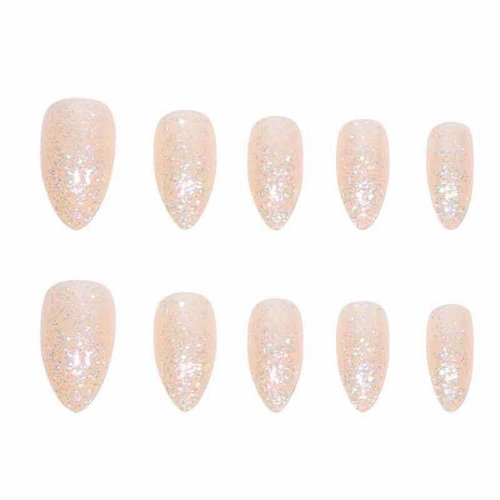 MISUD Press on Nails Medium Almond Fake Nails Glossy Glue on Nails Bling Glitter Acrylic Nails Stiletto Nude Artificial Nails Sparkly Sequins Stick on False Nails with Design 24 pcs