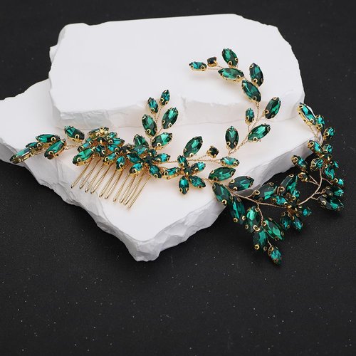 Teyglen Crystal Wedding Headpiece Flower Rhinestone Bridal Hair Comb Headband Hair Accessories for Bride Handmade Crystal Hair Piece Bridal Side Comb for Women Girls (Green)