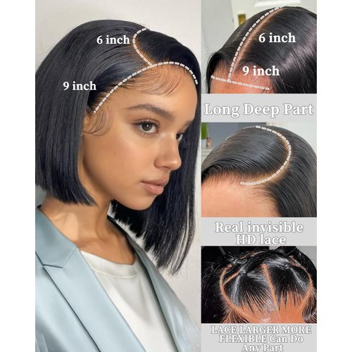 EINbeauty 9x6 HD Lace Glueless Wigs Human Hair Pre Plucked Pre Cut Bob Wig Human Hair Glueless Wigs Human Hair 200% Density Short Straight Bob Wigs for Black Women 10 inch