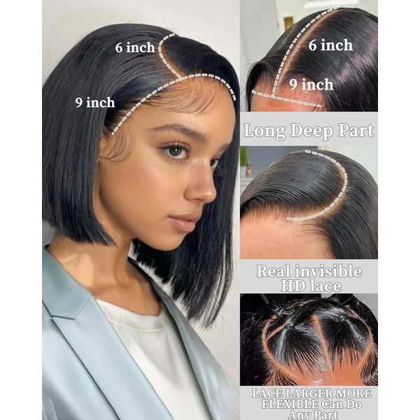 EINbeauty 9x6 HD Lace Glueless Wigs Human Hair Pre Plucked Pre Cut Bob Wig Human Hair Glueless Wigs Human Hair 200% Density Short Straight Bob Wigs for Black Women 10 inch