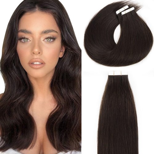 Lacer Tape in Hair Extensions Human Hair 20pcs 50g 24 Inch Darkest Brown Tape in Hair Extensions Real Remy Straight Human Hair Tape in Extensions Skin Weft Tape Extensions Human Hair