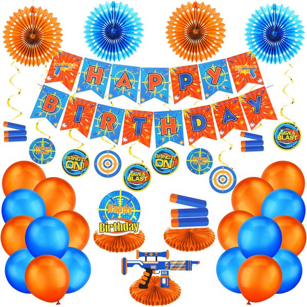 30 Pieces Dart Happy Birthday Supplies Dart Gun Decoration Banner Latex Balloons Paper Fans Honeycomb Centerpieces 3D Dart Table Decorations Hanging Swirls for Birthday Party