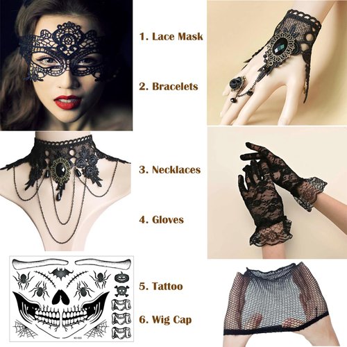 PORSMEER Gray with Dark Root Wig Long Wavy Wigs for Women, Cosplay Synthetic Hair Wig Middle Part Ladies Wigs 7-piece set including Grey Wig+Wig Cap+Lace Mask+Bracelets+Necklaces+Gloves+Tattoo