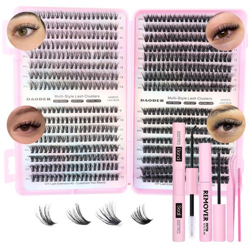 DAODER Wispy Lash Extension Kit 640Pcs Cluster Lashes Natural Look, Short Lash Clusters Kit 9-13mm 30D 40D 50D 60D D Curl Individual Lashes Kit with Lash Bond Seal Remover(30D+40D+50D+60D Kit 9-13mm)