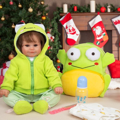 11 Pcs Reborn Baby Doll Clothes with Backpack Diapers Set for 18-22 Reborn Dolls Cute Green Frog Design Dolls Clothes Outfits Accessories