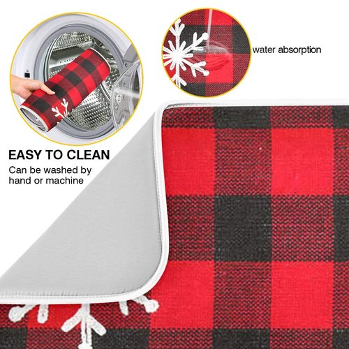 Christmas Red Plaid Snow Snowflake Dish Drying Mat 16x18 inch Red Black Lattice Texture Dish Drainer Kitchen Counter Mats Bottles Dish Dry Pad Protector for Kitchen Countertops