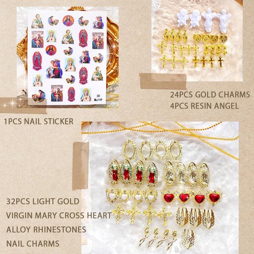 65pcs Virgin Mary Cross Gold Nail Charms 3D Heart Angel Rose Flower Alloy Rhinestones for Acrylic Nail Art Religious San Judas Nail Stickers Chains Gems Jewels Manicure Decoration Supplies DIY