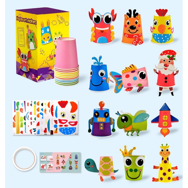 Yesier 12PCS Paper Cup Set Kids Craft Paper Kit Craft Cute Cartoon Projects for Girls and Boys