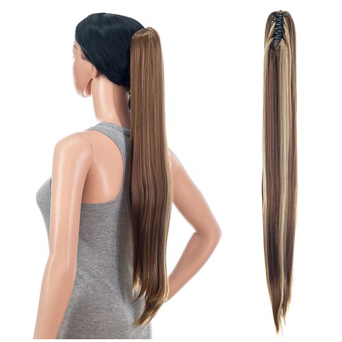 SWACC 28-Inch Long Straight Claw Clip Ponytail Extensions Synthetic Hair Extensions Ponytail Jaw Clip Hair Pieces for Women (Light Brown/Beige Highlights-12H24#)