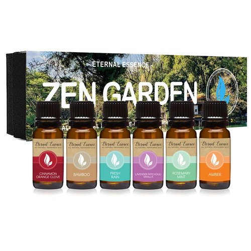 Eternal Essence Oils Zen Garden Set of 6 Premium Fragrance Oils - Cinnamon Orange Clove, Bamboo, Fresh Rain, Lavender Patchouli Vanilla, Rosemary Mint & Amber - for Candle, Soap Making, & More - 10ML
