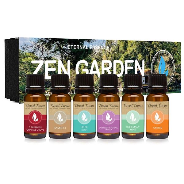 Eternal Essence Oils Zen Garden Set of 6 Premium Fragrance Oils - Cinnamon Orange Clove, Bamboo, Fresh Rain, Lavender Patchouli Vanilla, Rosemary Mint & Amber - for Candle, Soap Making, & More - 10ML