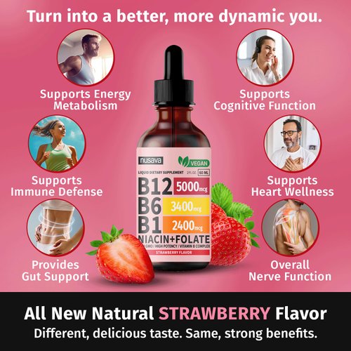 (2 Pack) Vitamin B12 and B6 Liquid Drops, B12 Sublingual Vitamin B Complex - B 12 Vitamin 5000mcg - B12 Methylcobalamin for Energy, Brain, and Heart Support with 27,200 mcg, Strawberry, 80 Servings
