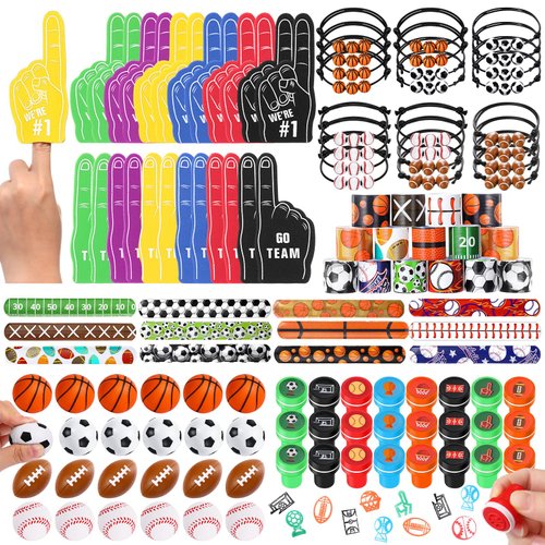Aoriher 120 Pcs Sport Balls Party Favors Set Serve 24, Basketball Football Soccer Goodie Foam Finger Mini Stress Ball Slap Bracelet Charm Bracelet Stamp for Kids Party Supplies (Sports Ball)