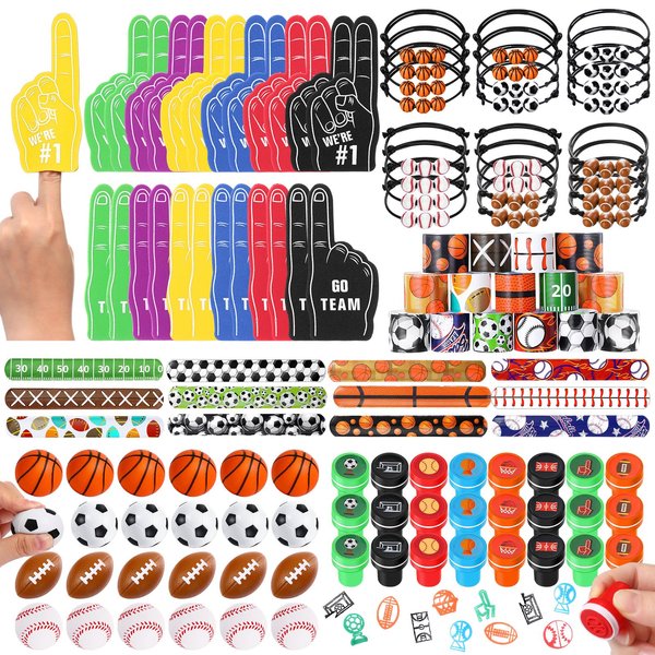 Aoriher 120 Pcs Sport Balls Party Favors Set Serve 24, Basketball Football Soccer Goodie Foam Finger Mini Stress Ball Slap Bracelet Charm Bracelet Stamp for Kids Party Supplies (Sports Ball)