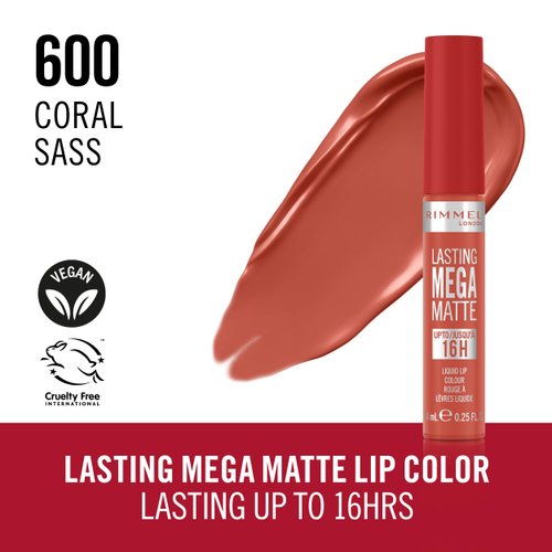 Rimmel London Lasting Mega Matte Liquid Lipstick, Long-Lasting, Hydrating, Vegan Formula - 600 - Coral Sass, 0.25oz