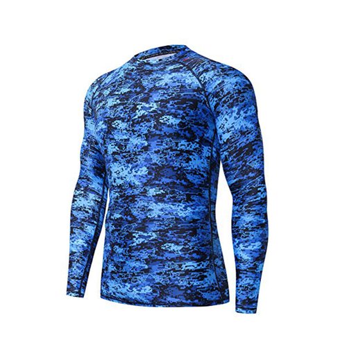 ADOREISM Men's Long Sleeve Rash Guard Surf Swim Shirt Splice UPF 50+ Compression for MMA BJJ Jiu Jitsu Fishing Hiking(Pixel Blue,S)