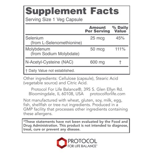Protocol NAC 600mg - N-Acetyl-Cysteine with Molybdenum & Selenium - For Glutathione Synthesis, Cellular & Lung Health* - Amino Acid Supplement - Made Without Gluten, Dairy-Free, Non-GMO - 100 Veg Caps