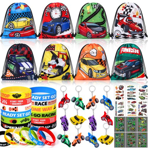Winrayk 12 Sets Race Car Party Favors Birthday Supplies Racing Drawstring Bags Luminous Tattoo Stickers Boys Kids Racing Gifts Toys Goodie Bag Stuffers Filler Race Car Themed Birthday Party Supplies