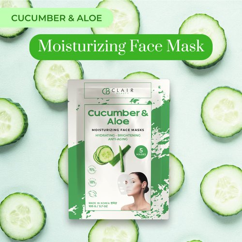 Clear Beauty Cucumber and Aloe Sheet Face Mask - Soothes Irritated Skin, Reduce Wrinkles & Fine Lines & Moisturizing - Cruelty Free Korean Skin Care For All Skin Types