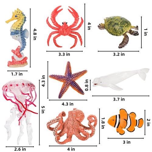Acshio 8 Pack Ocean Sea Animals Figures, Assorted Marine Creature Figure, Including Starfish Seahorse Dolphin Crab, Miniature Cake Cupcake Toppers for Gift, Aquarium Fish Tank Decor