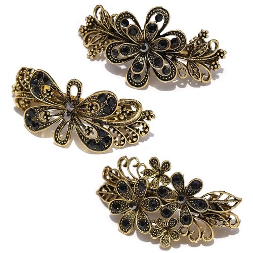 Retro Floral Hair Barrettes for Women, Set of 3, Vintage Small Hair Clips Antique Gold Tone Hair ...