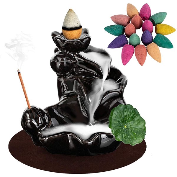 DK177 Waterfall Incense Holder Backflow Cone Ceramic Burner Handcrafted Porcelain Censer Incense Stick Stand with 20 Free Cones