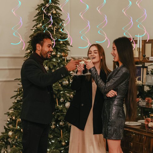 30 Pieces Iridescent White Hanging Swirls, Foil Swirl Hanging Decorations Plastic Steamers for Ceiling, Dangling Whirls Wedding Baby Shower Birthday Party Decorations