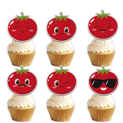 18pcs Red Glitter Cute Tomato Dessert Cupcake Topper Funny Vegetable Theme Decor Supplies Baby Shower Boys Girls Happy Birthday Announce Pregnancy Party Decorations