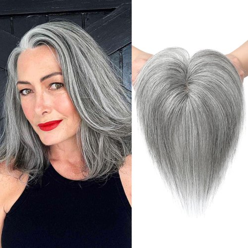 REECHO Human Hair Toppers, 6 Inch Hair Toppers for Thin Hair, Topper Hair Pieces with Bangs Real Human Hair, Clip In Wig Hair Topper Top Hair Extensions - Grey