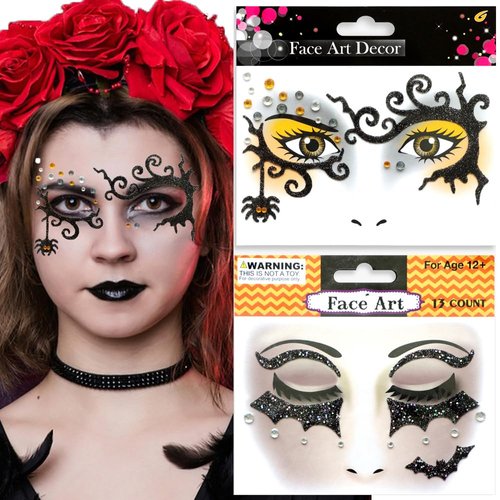 Halloween Prank Makeup Temporary Tattoos Set, Black Bat Spider Clown Face Tattoos for Women Men Halloween Cosplay Party Decoration Glitter Gem Body Face Tattoo Decals for Prank Props Supplies