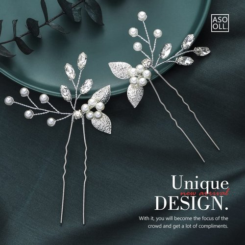 Asooll Pearl Bride Wedding Hair Pins Silver Leaf Bridal Hair Pieces Crystal Hair Clips Rhinestone Hair Accessories for Women and Girls(Pack of 2)