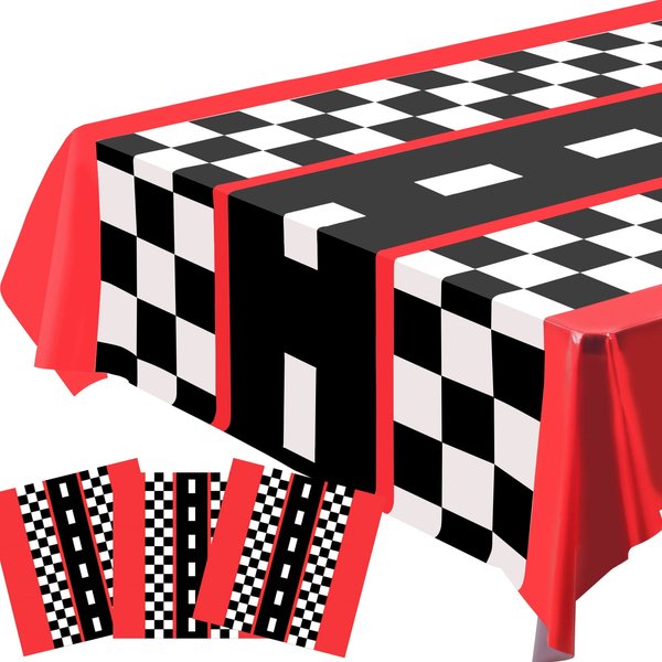 3pcs Race Car Tablecloth, Car Theme Birthday Decorations Supplies, Plastic Road Tablecloth, Rectangular Racetrack Tablecloth, Checkered Racetrack Table Runner TableCovers for Kids, 54 x 108 Inch