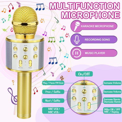 Viposoon Birthday Gifts for 3-11 Year Old Girls, Bluetooth Karaoke Microphone for Kids Gifts for Teenage Girls Christmas Stocking Stuffers for Kids Popular Toys for 4-12 Year Old Boys Girls - Gold