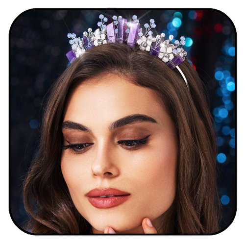 Formery Flower Amethyst Crown Headband Silver Purple Quartz Crystal Tiara Hairband Wedding Party Festival Rhinestone Leaf Pearl Handmade Natural Stones Headpiece for Women and Girls