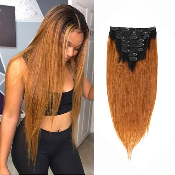 Ombre Clip in Hair Extensions Straight Human Hair 140g 100% Human Hair 8Pcs Total of 18 Clips #1B/30 Brown Hair Extensions for Black Women Hair (22 Inch, 1B/30 Brown）