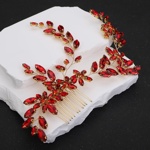 Denifery Bridal Hair Comb Rhinestone Wedding Hair Accessories for Brides Crystal Wedding Headpiece Rhinestone Hair Accessory for Bride and Bridesmaids (Red)