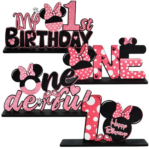 TONIFUL Pink Mouse 1st Birthday Party Supplies 1st Table Centerpieces Pink Mouse Theme Design Sturdy Wooden for Girl ONE Year Old Birthday Favors 1st Birthday Party Decorations(4 Pcs)