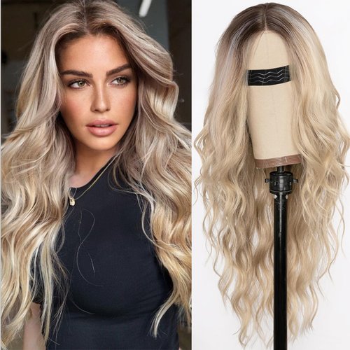 KOME Glueless Synthetic Lace Front Wigs for Women,Put On Go Ombre Light Blonde Lace Front Wig,Middle Part Wig for Daily Party Use, 26IN