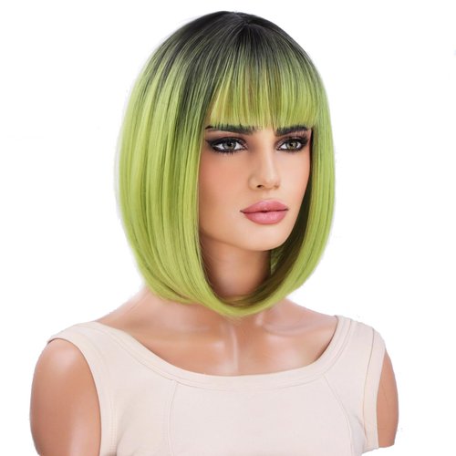 RightOn Green Wig Short Green Bob Wigswith Flat Bangs Synthetic Colorful Wigs for Cosplay Daily P...