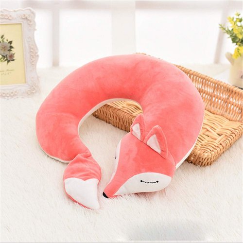 jidachuang Kids Travel Pillows Fox Neck Pillow Animal U-Shaped Plush Fur Warm Cartoon Comfortable Luggage Pillow for Airplanes Planes Car Train (Pink)