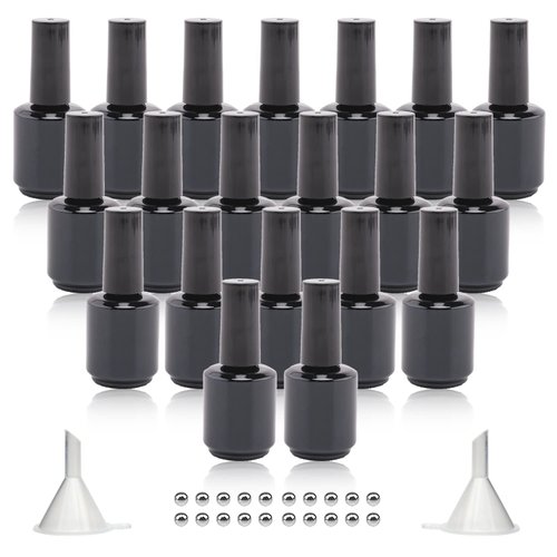 Agidea Empty Gel Nail Polish Bottles, 15ML Empty Nail Polish Bottles with Brush, Opaque Round Refillable Fingernail Polish Bottles UV Safe with Mixing Balls & Funnels, Pack of 20 (Bright black)