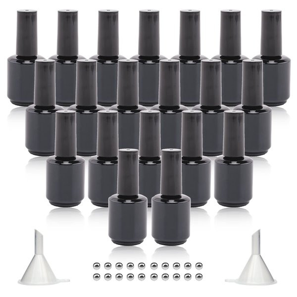 Agidea Empty Gel Nail Polish Bottles, 15ML Empty Nail Polish Bottles with Brush, Opaque Round Refillable Fingernail Polish Bottles UV Safe with Mixing Balls & Funnels, Pack of 20 (Bright black)